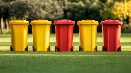 Brightly colored trash bins lined up for waste disposal in a public space