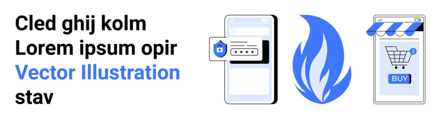 Obraz premium A smartphone with a security shield indicates mobile security, a blue flame symbolizes protection, and a shopping cart shows online shopping. Ideal for technology, security, e-commerce, mobile apps