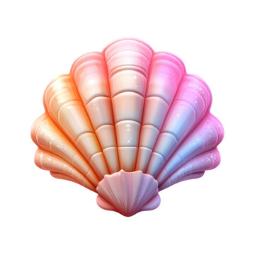Iridescent seashell 3D illustration, pink pearl scallop shell icon, glossy ocean marine design element for branding isolated PNG with Transparent Background