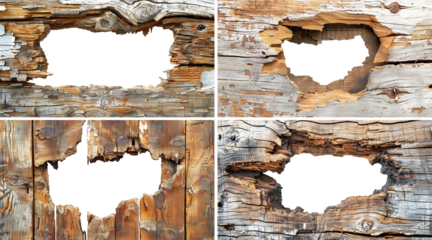 Set of holes breaking through wooden walls, cut out