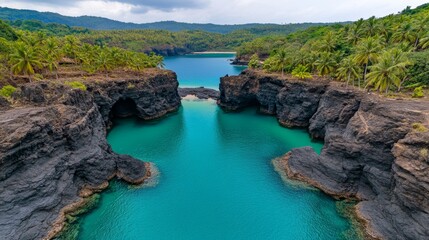 Fototapeta premium Tropical Lagoon Hidden Between Volcanic Cliffs Lush Green Foliage Crystal Clear Water