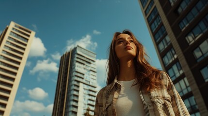 Fototapeta premium A person outdoors looking at a large urban structure