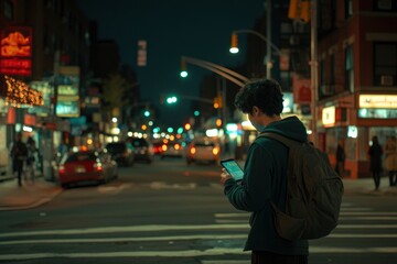 Young man using a tablet on a city street at night, looking at the screen.