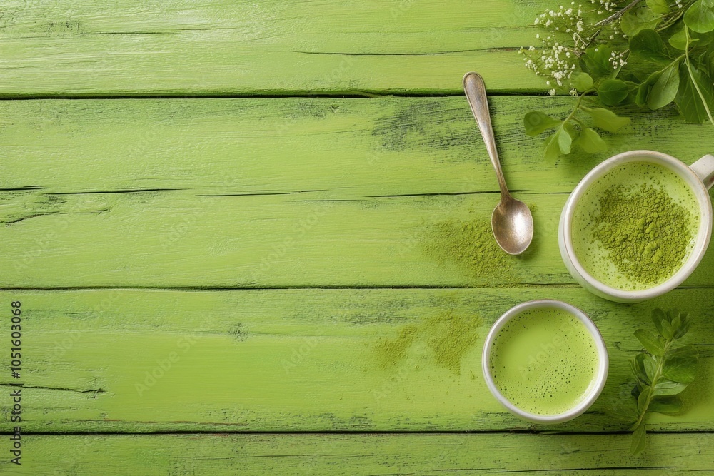 Poster two cups of green tea on a table with a calm atmosphere