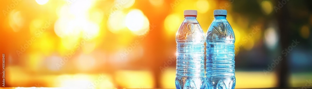 Poster subtle reflections, two water bottles capture light and shadow in a minimalist setting