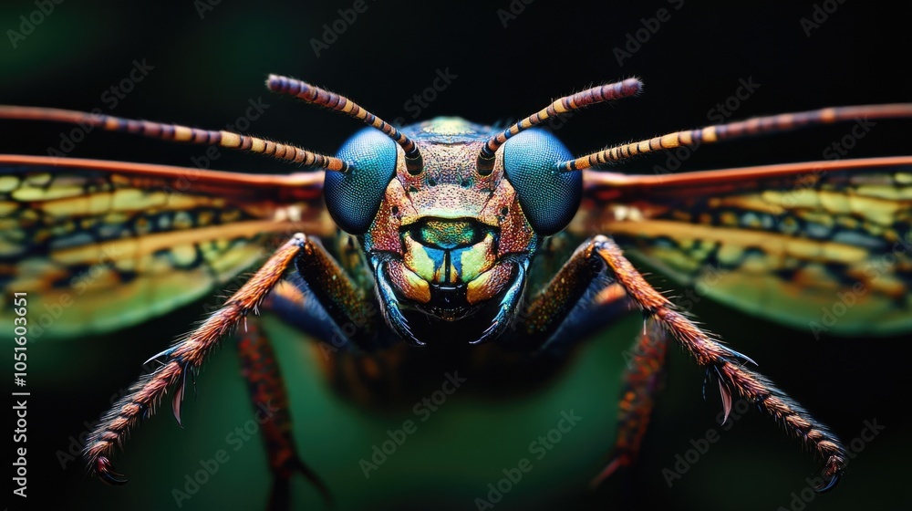 Poster A close-up view of a colorful insect's face, great for use in educational materials or designs requiring a small insect feature