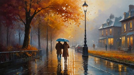 Fototapeta premium People enjoying their walk, in the Autumn street with golden leaves, glowing lamps, and wet pavement V2