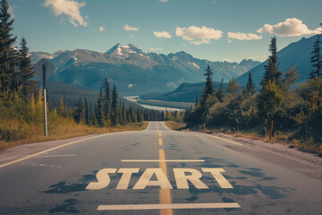 A photograph of the word "Start" written on an empty highway road with an arrow pointing forward