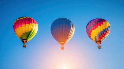 Fototapeta premium Vibrant hot air balloons floating against a clear blue sky, with a stunning sunrise casting golden light on their colorful fabrics.