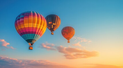 Obraz premium Vibrant hot air balloons floating against a clear blue sky, with a stunning sunrise casting golden light on their colorful fabrics.