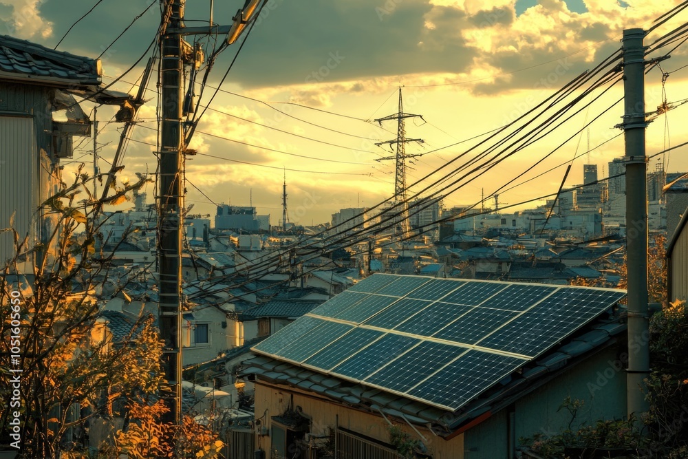 Poster a view of a city with many power lines and buildings, great for urban scenes or infrastructure proje