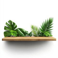 Empty natural wooden shelf top view with lush green tropical leaves top view isolated on white a background