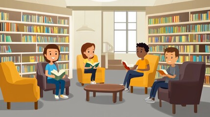 Students Enjoying Books in a Serene Library Setting