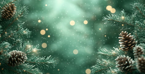 A winter scene with snow piled on blue pine branches and pine cones. Glowing green bokeh background with snow falling. Copy space. Winter, Christmas, New Year, Year end, Holiday, background.