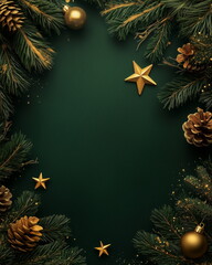 Christmas decoration border frame design surrounded by pine branches, pine needles, pine cones, gold Christmas balls and star props on dark green background. Copy space. 