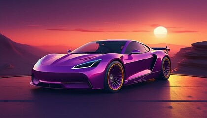 Font of a purple sport luxury car in sunset light