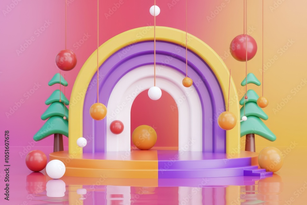 Aufkleber A colorful 3D scene with a rainbow arch  balls  and trees.