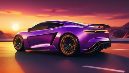 Font of a purple sport luxury car in sunset light