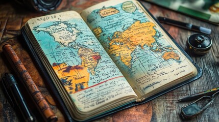Fototapeta premium Visual depiction of a travel journal filled with sketches and notes, capturing memories and adventures through vibrant illustrations.