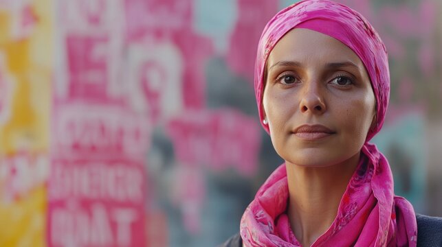 A woman wearing a pink headscarf looks directly at the camera with a determined expression.