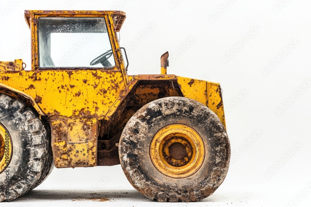Poster A vintage-style yellow tractor with a large wheel on a clean white background, ideal for use in retro-themed designs or as a symbol of simplicity and functionality