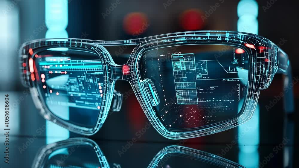 Poster a pair of futuristic glasses with a digital display sits on a table, reflecting the surrounding envi