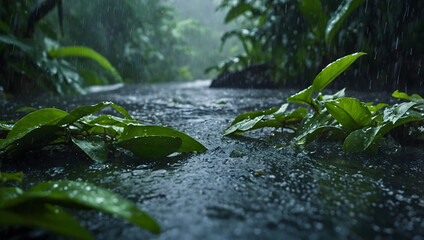 Lush green leaves in rain, creating serene atmosphere in Amazon rainforest. sound of raindrops adds to tranquil environment