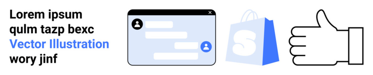 Fototapeta premium Features a user interface mockup, a thumb up icon, and a shopping bag. Ideal for e-commerce, social approval, online shopping, website design, and customer feedback. Landing page
