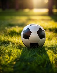 Fototapeta premium detailed close-up shot of a well-worn soccer ball resting on lush green grass, with natural sunlight creating soft shadows. vertical image