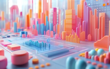 Obraz premium Creative 3D rendering of data visualization showcasing a variety of graphs and charts, designed to effectively communicate analytical data