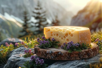 Piece of cheese on a wooden board with mountains background