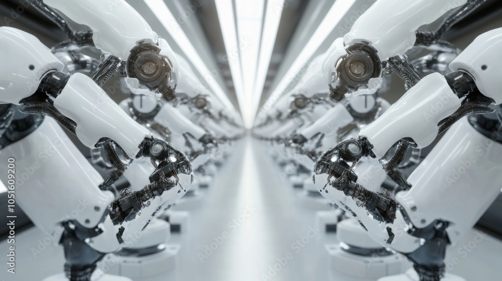 Poster futuristic robots in high-tech factory setting