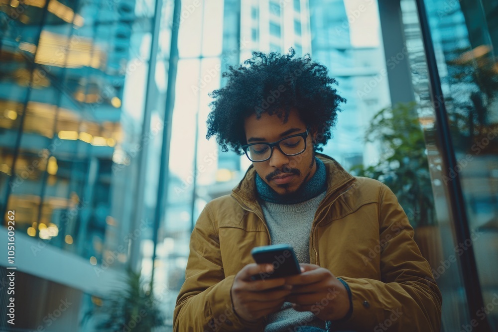 Poster a person examining their mobile device, possibly checking messages or browsing