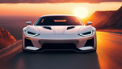 Font of a white sport luxury car in sunset light