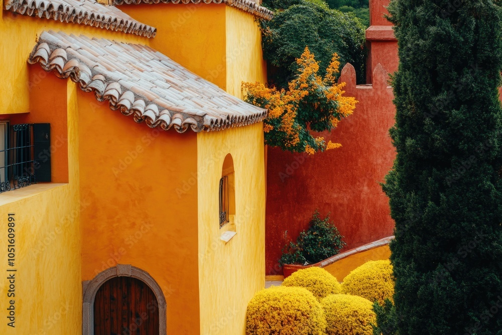 Aufkleber a small yellow building with a red roof standing next to a tall tree, great for use in travel or arc