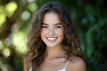 Naklejka premium A beautiful young woman with long brown hair sitting or standing, possibly in a studio setting