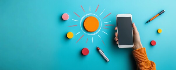 Engaging image of a womans hand with a smartphone focused on small goals for achievement, set against a blue background for project success mockups