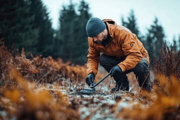 A person searching for treasures with a metal detector, suitable for outdoor or adventure themed images