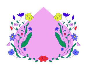 Abstract shape pink backdrop with floral composition cartoon flat illustration. Whimsical varied blooms. Blossom flowers and leaves 2D frame isolated on white background. Vector colorful image
