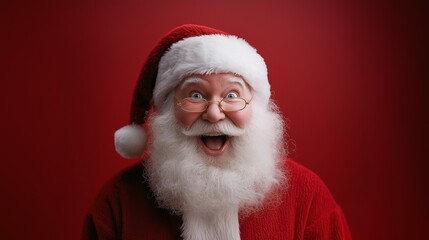 Cheerful Santa Claus with a surprised face on a New Year's red background with lights, free space for text