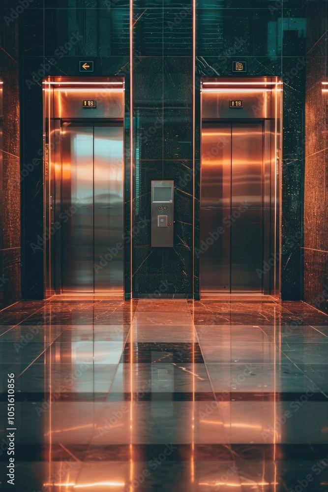Poster shiny floor and walls inside a modern elevator, suitable for use in interior design or architecture 