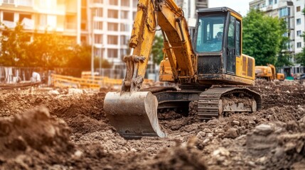 Fototapeta premium Excavator Working on Urban Construction Site