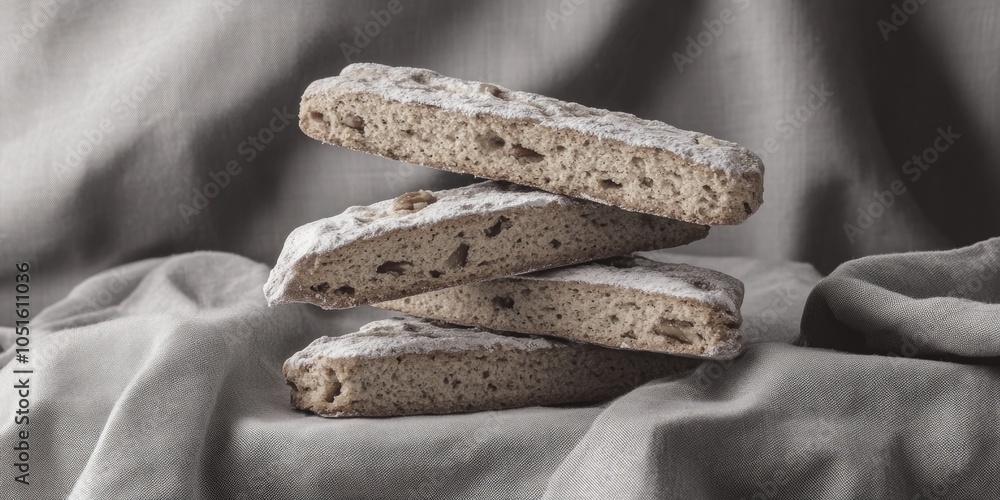 Poster three slices of bread sit atop a cloth, arranged neatly for display or consumption