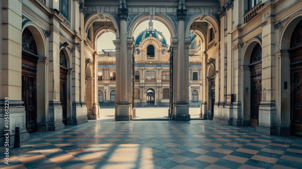 Poster A large building with columns and a clock tower, suitable for use in architectural or cityscape images
