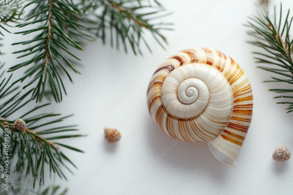 Poster a seashell placed on a white surface surrounded by pine branches