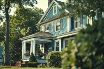 A cozy blue house with a porch and blue shutters, perfect for a family home or country retreat