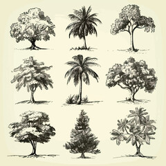 Fototapeta premium Set of hand drawn tree sketches - oak, palm tree, willow, pine, cypress, baobab, birtch maple spruce
