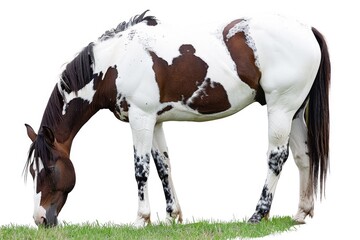 A brown and white horse is seen grazing peacefully on a lush green field - Powered by Adobe