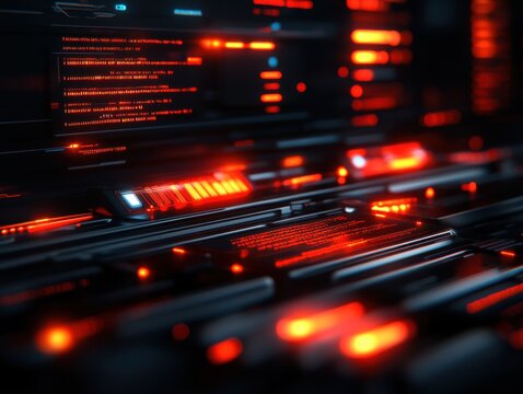 Closeup of a computer screen displaying clean, organized code lines in dark mode, focus on clarity, close up, modern coding interface, realistic, Overlay, tech office backdrop