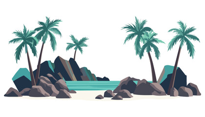 Obraz premium Tropical Paradise with Palms and Rocky Beach - Artistic Island Vector Illustration